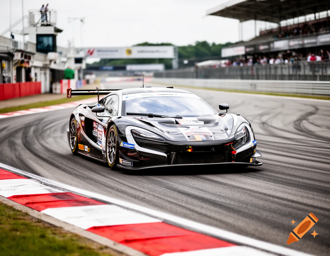 Photorealistic image of a sleek black and white racing car navigating a turn on a track with grandstands in the background.