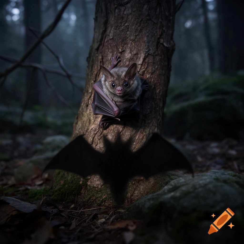 A small timid bat clinging to a tree trunk in a dark, foggy forest, with its threatening shadow cast in the foreground.
