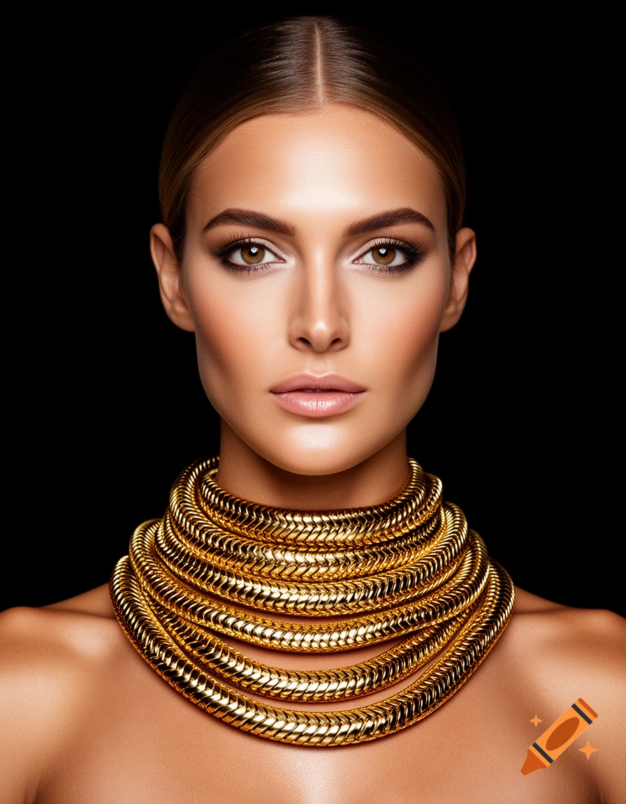 Photorealistic studio portrait of a tanned model wearing layered gold snake chain chokers against a black background.