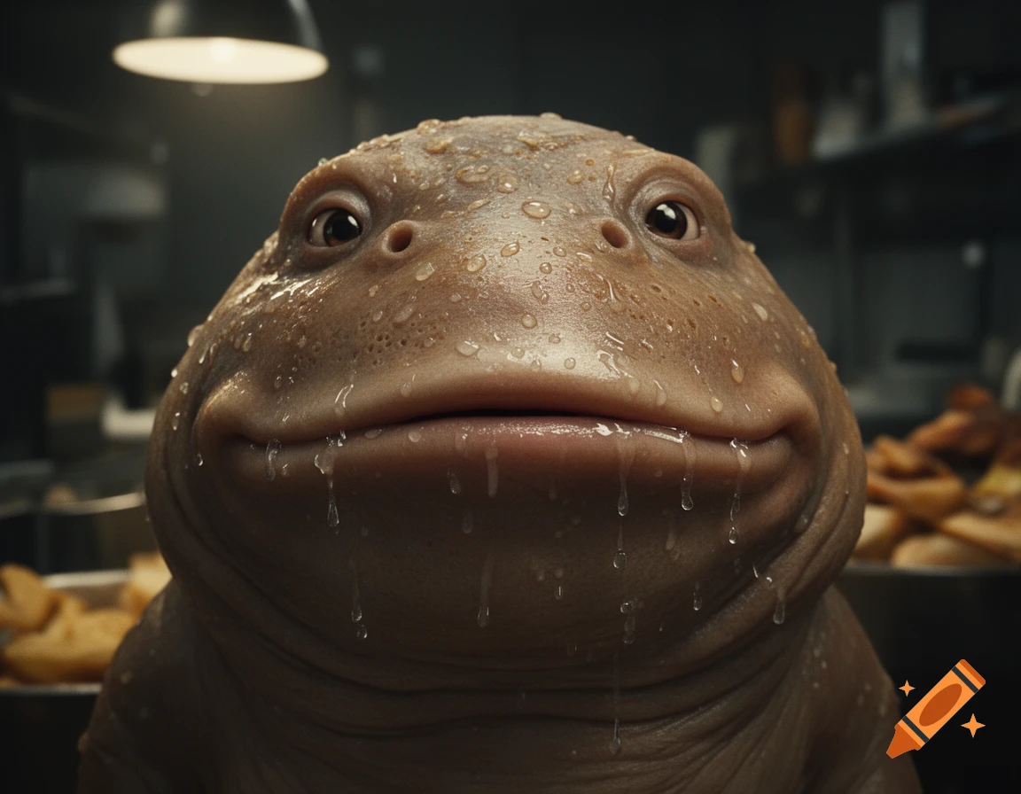 Close-up photorealistic shot of a wet, slimy, smiling frog-like creature with glistening water droplets in a dark kitchen.