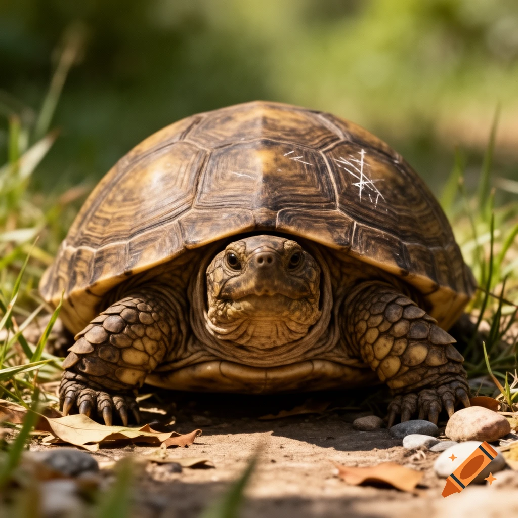 Close-up photorealistic shot of a turtle walking on a dirt path with grass and leaves in the background.