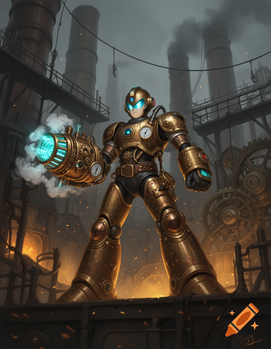 Steampunk Mega Man with a glowing arm cannon standing in an industrial factory setting with smokestacks and gears.