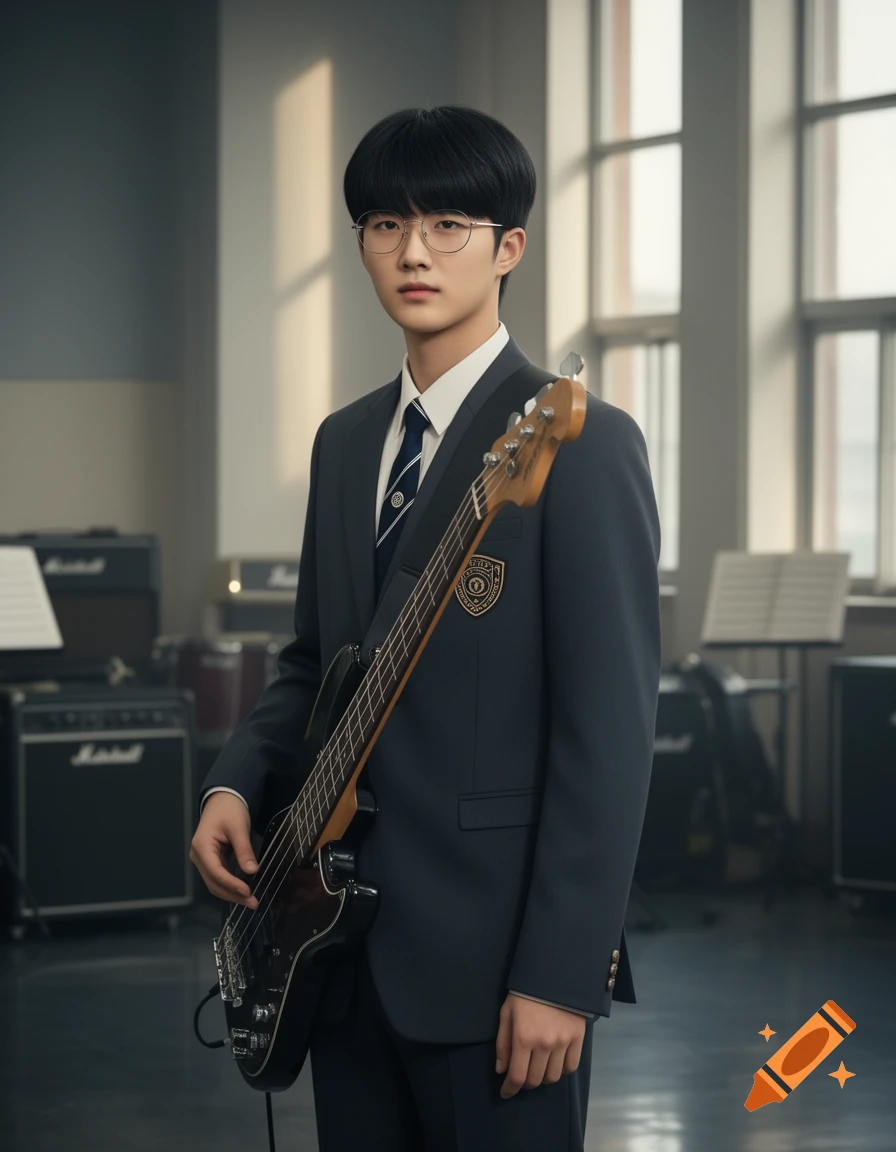 Photorealistic portrait of a young male student wearing a school uniform and glasses, holding an electric bass guitar in a music room.