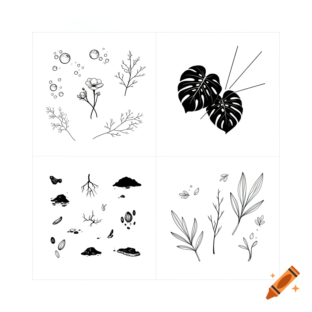 Minimalist black and white botanical illustration grid with four tiles showing nature elements.