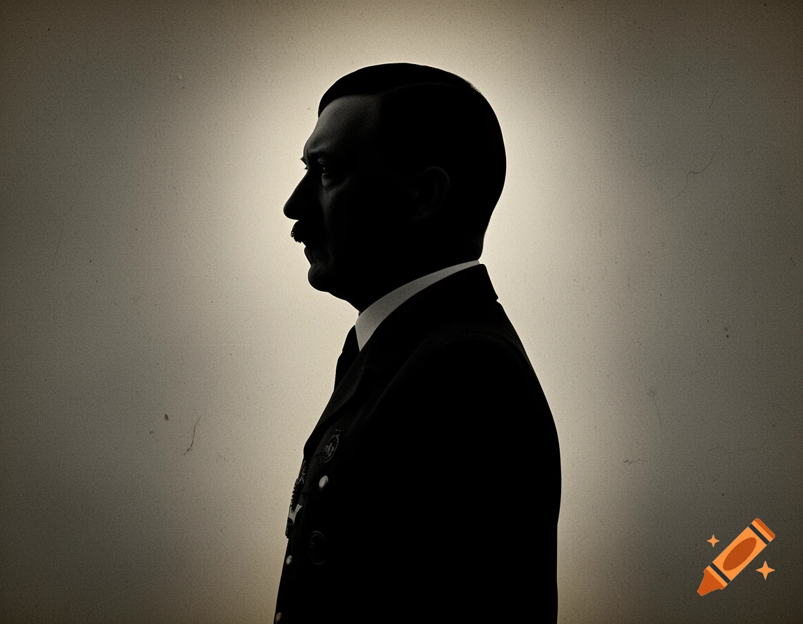 Dark silhouette profile of Adolf Hitler in a suit against a light background.