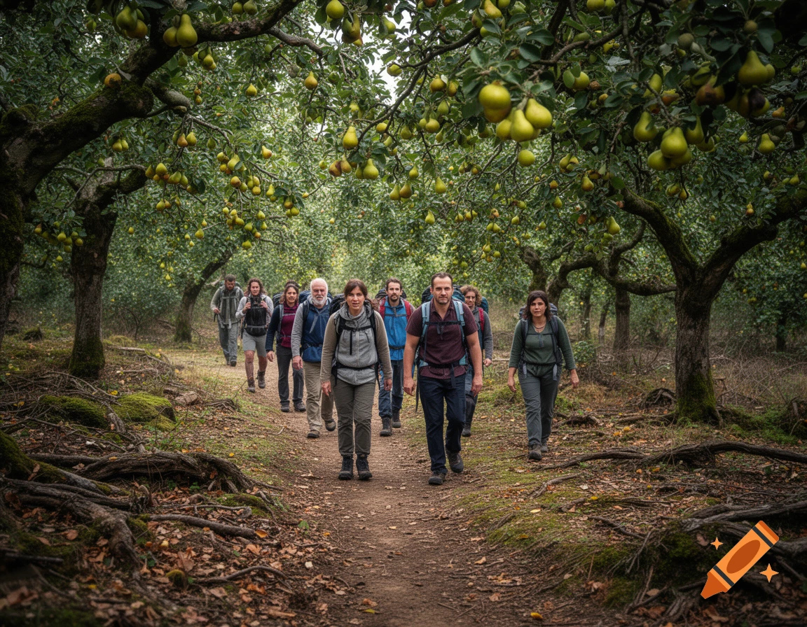 Photorealistic image of a group of ten hikers walking along a dirt path through an orchard filled with pear trees.