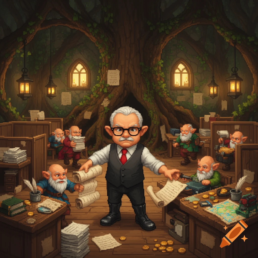 Pixel art scene of an old school runescape corporate office with a strict gnome manager and other gnomes working at desks.