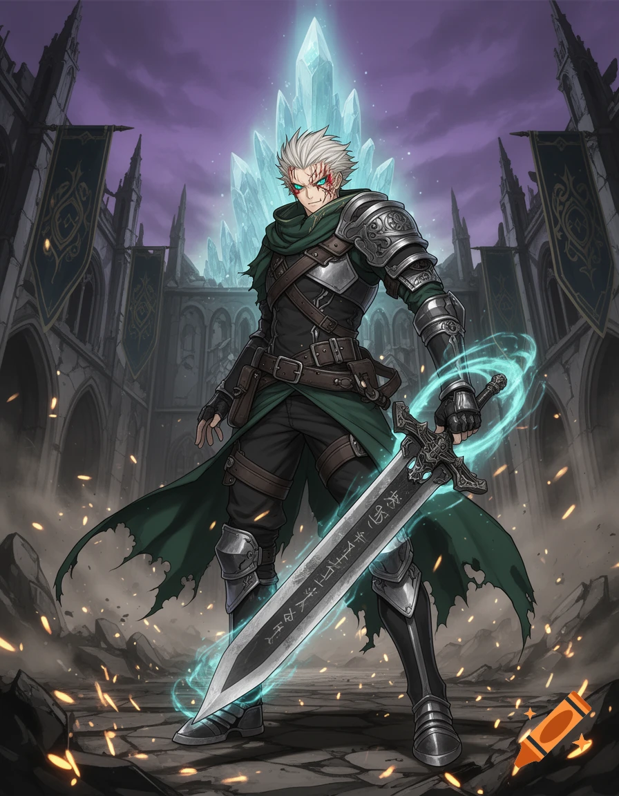 Anime-style illustration of a scarred warrior with spiky white hair, holding a glowing sword in front of a crystal structure.