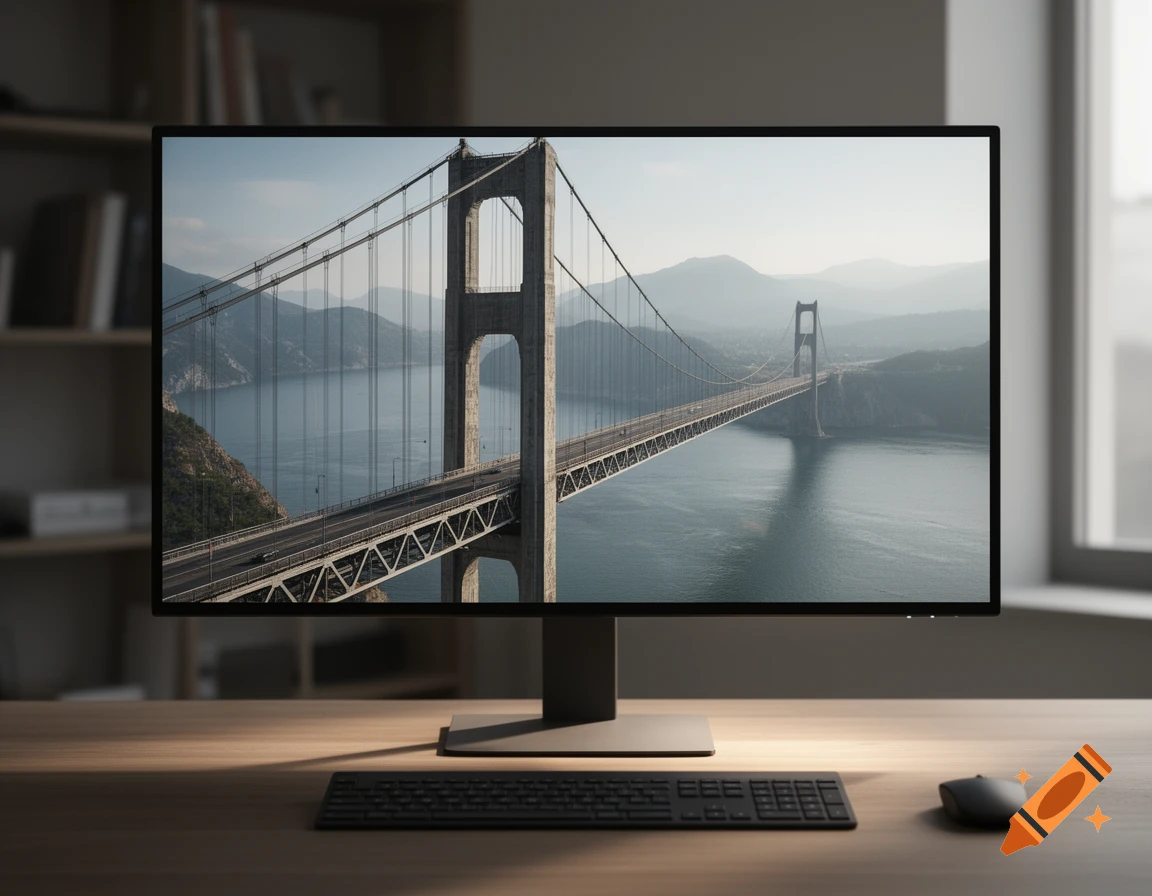 Photorealistic computer monitor on a wooden desk displaying an image of a suspension bridge over water.