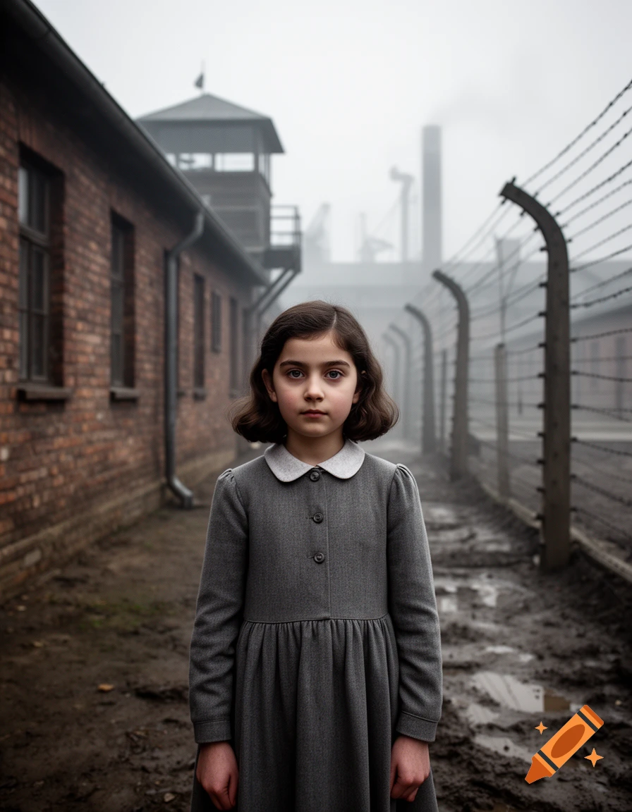 Photorealistic portrait of a young girl standing in a muddy yard of a historical concentration camp with brick buildings and barbed wire fences in the background.