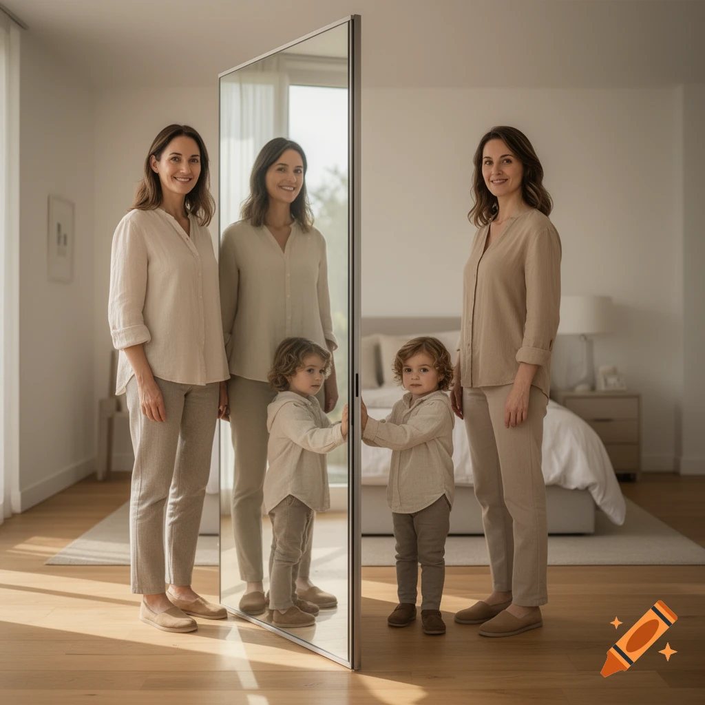 Photorealistic image of a woman, a child, and a mirror reflecting them in a bright modern bedroom.
