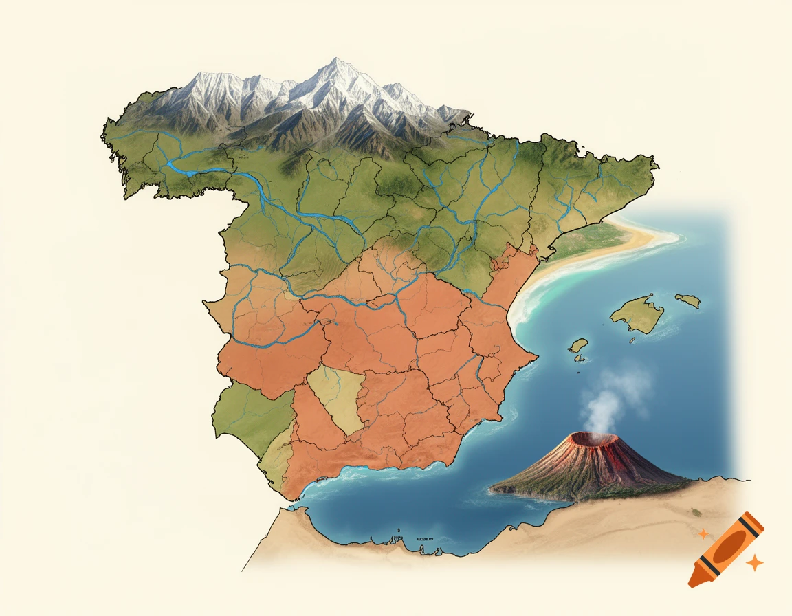 An illustrated map of Spain featuring mountain ranges, rivers, and a volcano.