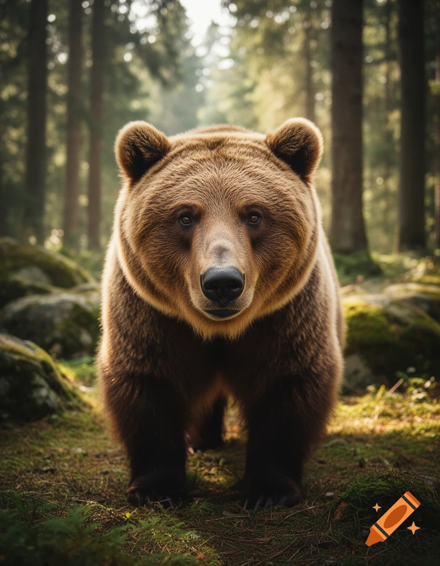 Photorealistic close-up of a brown bear standing in a sunlit pine forest.