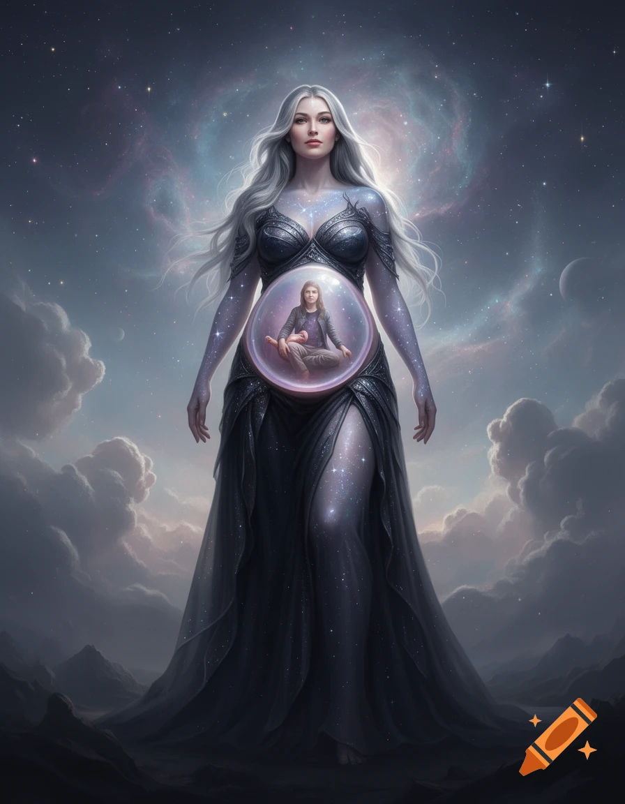 A celestial giantess with a glowing bubble in her stomach containing a person sitting inside, set against a starry nebula background.