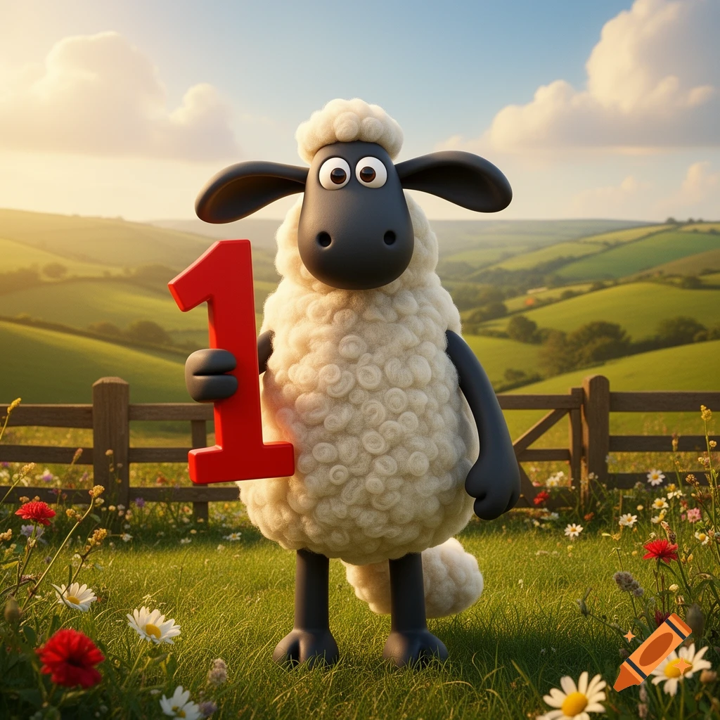 Shaun the Sheep holding a large red number one in a grassy field with rolling green hills in the background.