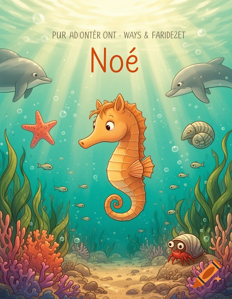 Children's book cover illustration of an orange seahorse underwater, surrounded by dolphins, starfish, and sea creatures.