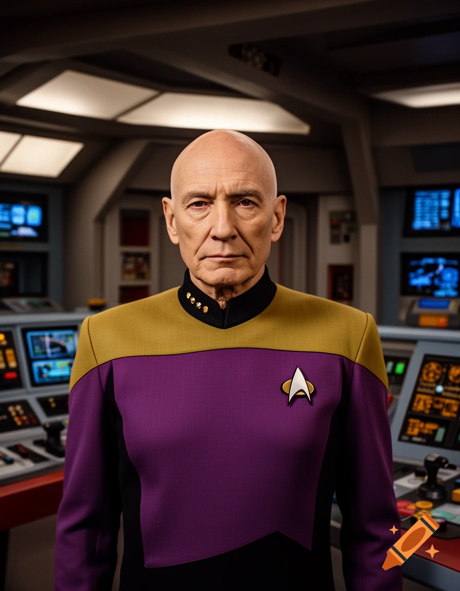 Photorealistic portrait of a bald man with facial features resembling Patrick Stewart wearing a purple and gold Starfleet uniform on a spaceship bridge.
