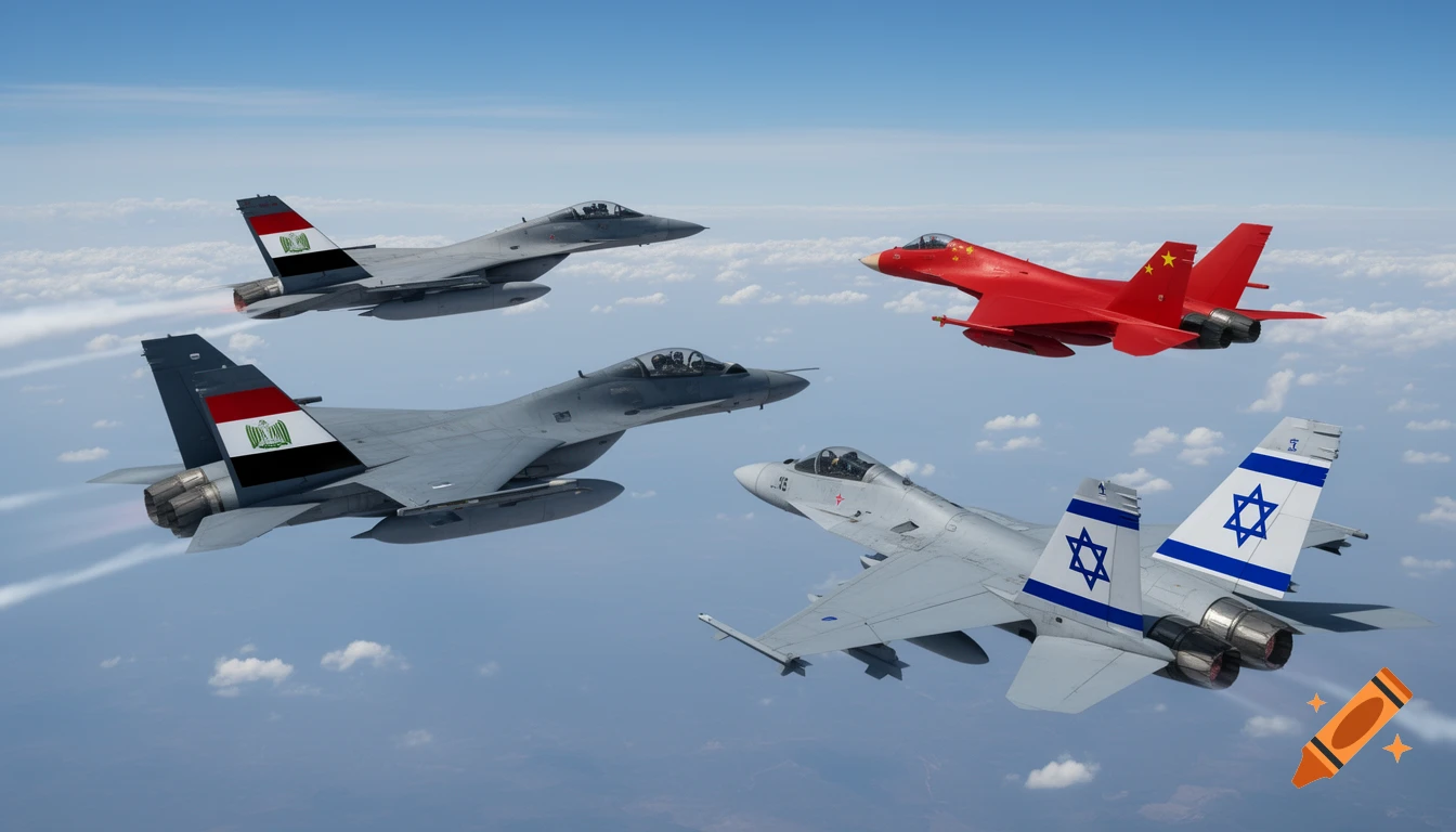 Photorealistic image of four fighter jets flying in formation over clouds, featuring Egyptian, Chinese, and Israeli flags.