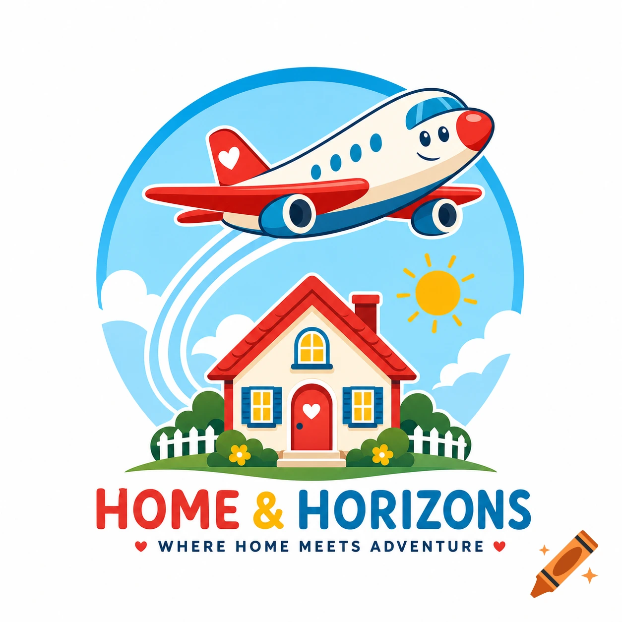Colorful logo featuring a cute cartoon airplane flying above a house, with text reading HOME & HORIZONS.
