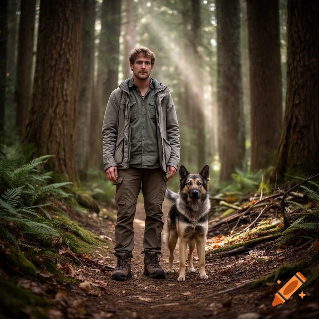 Photorealistic image of a man and his German Shepherd dog standing on a path in a dense green forest with sunbeams filtering through tall trees.