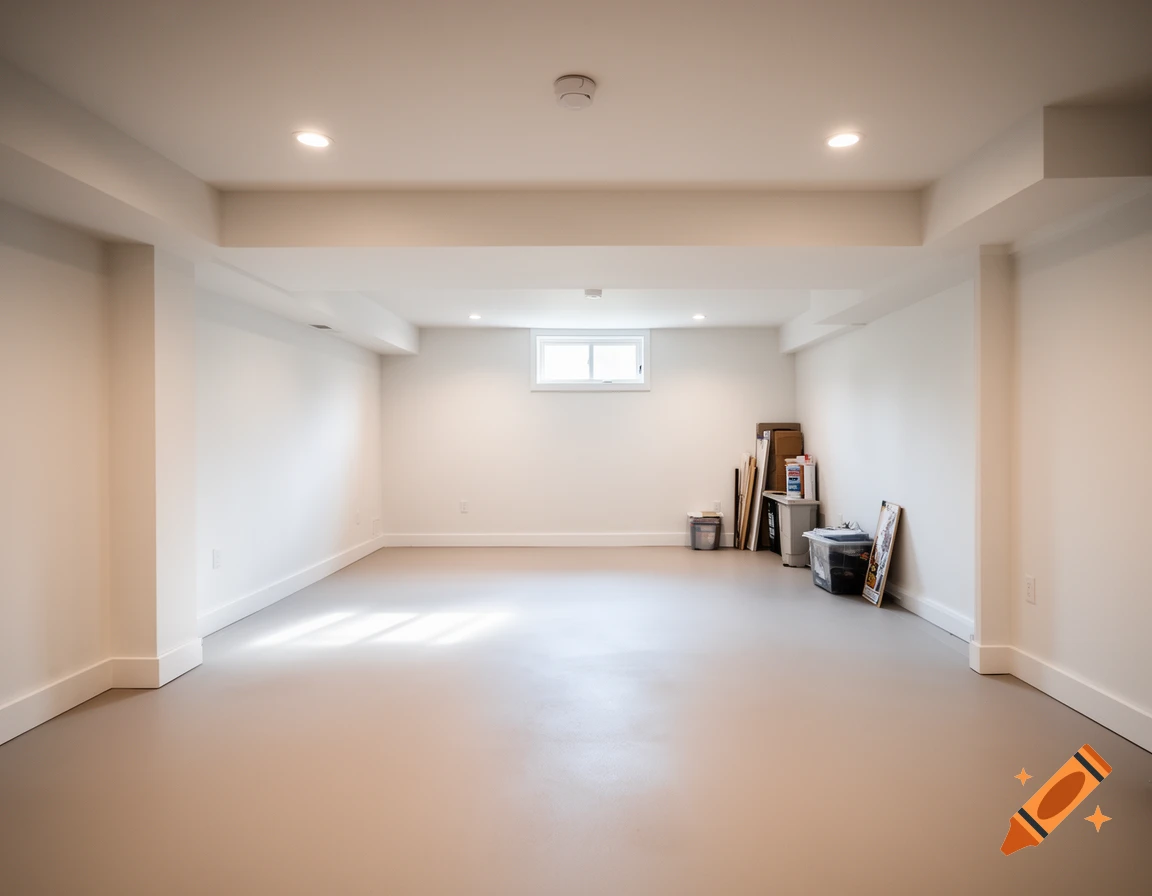 Photorealistic view of a modern finished basement with white walls, a gray concrete floor, and a small egress window.