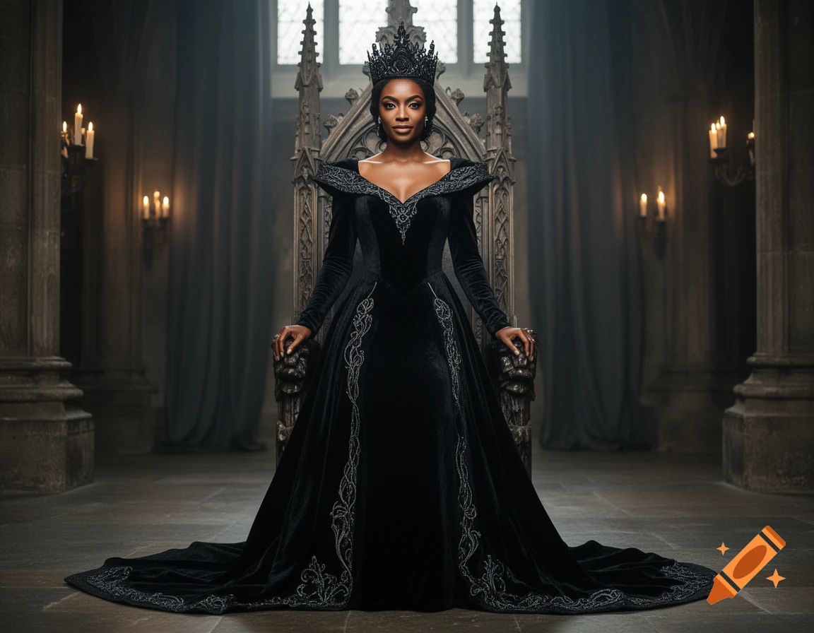 Photorealistic portrait of a dark queen wearing a black crown and velvet gown while sitting on a stone throne in a castle.