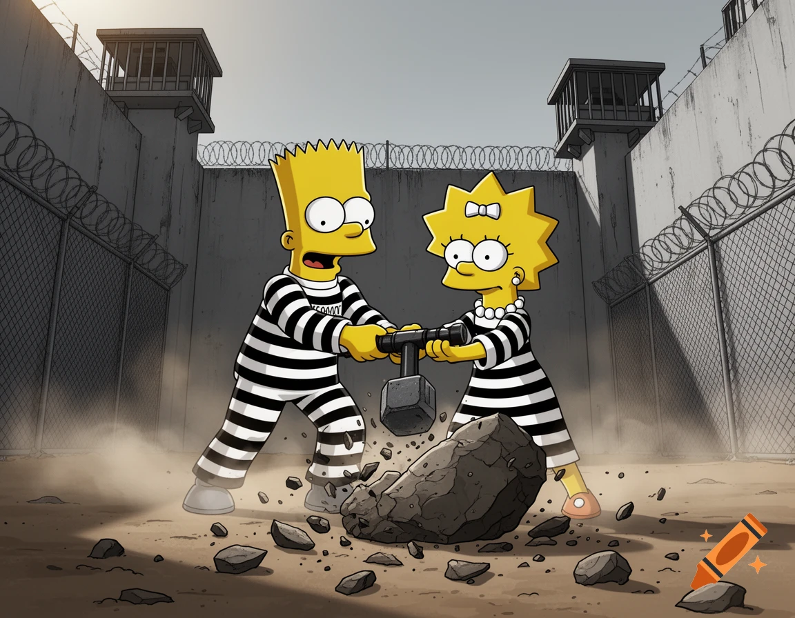 Bart and Lisa Simpson in black and white striped prisoner uniforms breaking rocks with a sledgehammer in a prison yard, cartoon style.