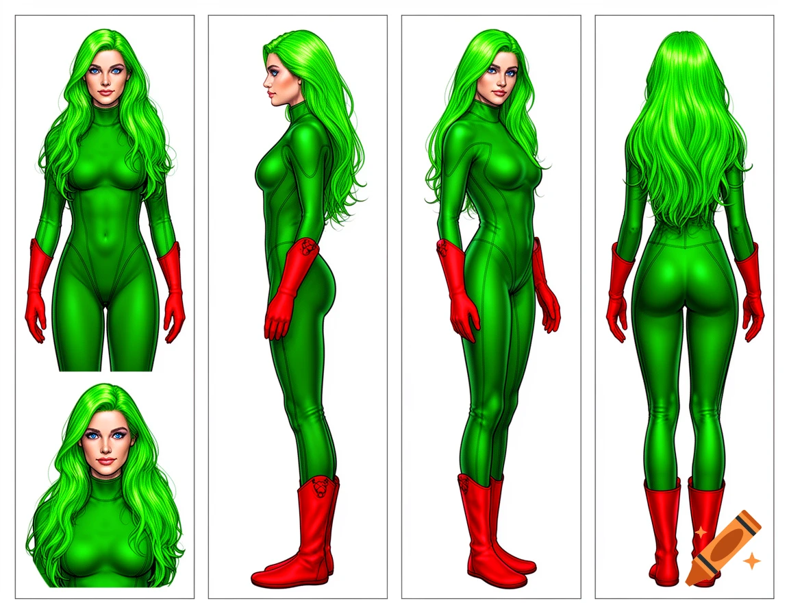 Character sheet of a 25-year-old woman with bright green hair, blue eyes, tight green wetsuit, red gloves, and red boots in graphic novel style.