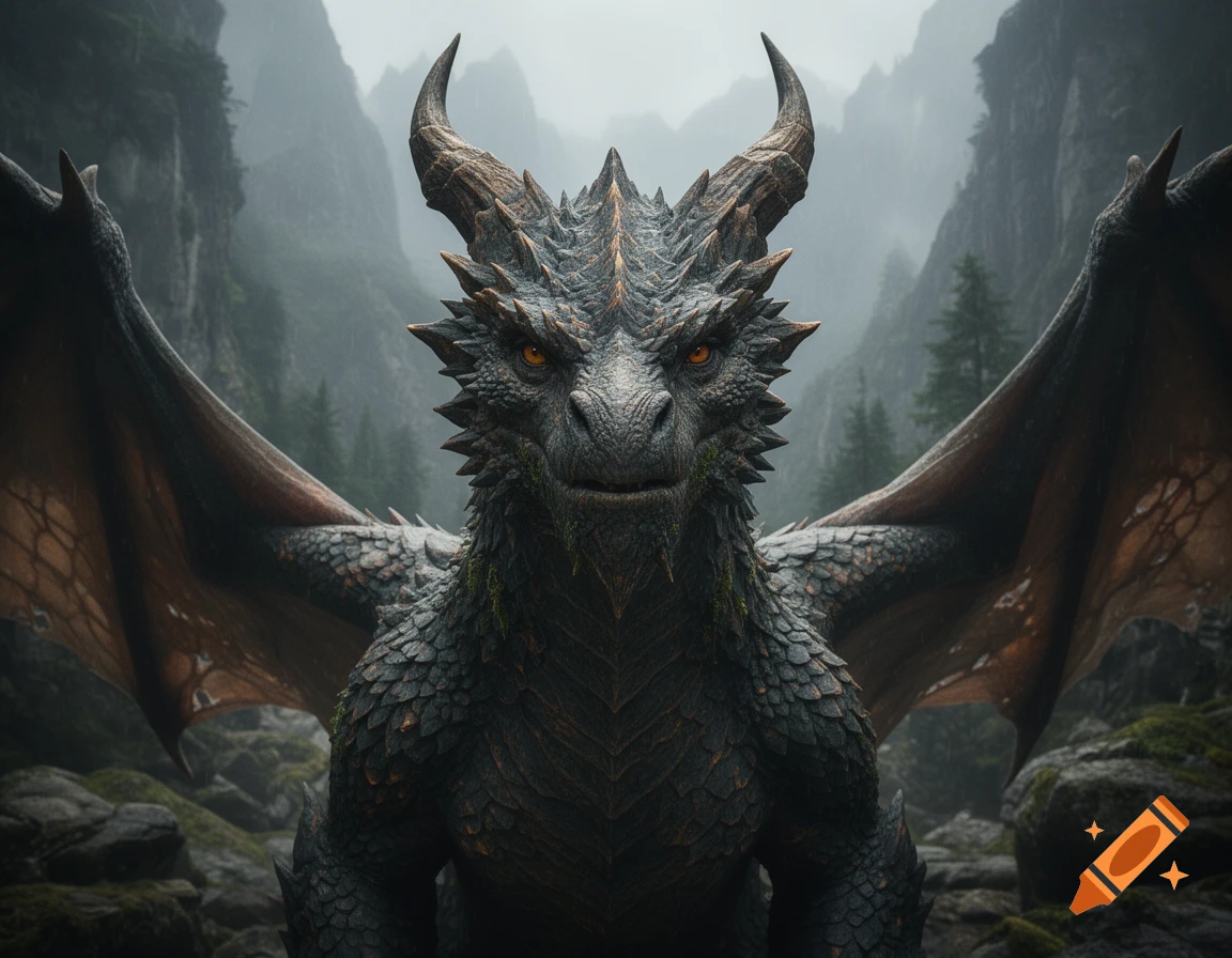 Close-up photorealistic image of a magnificent ancient dark dragon with horns, facing forward in a misty mountainous landscape.