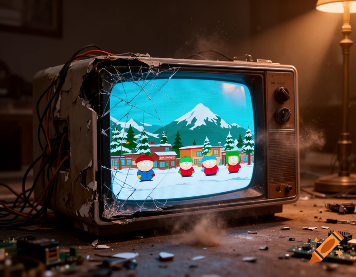 An old, damaged CRT television displaying a snowy South Park scene with four characters in front of a mountain landscape.