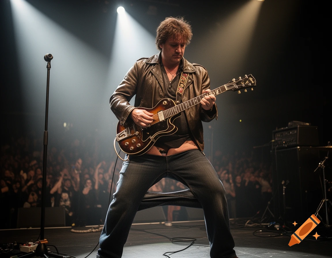 A photorealistic image of a rock musician on stage playing an electric guitar with his pants sagging down.