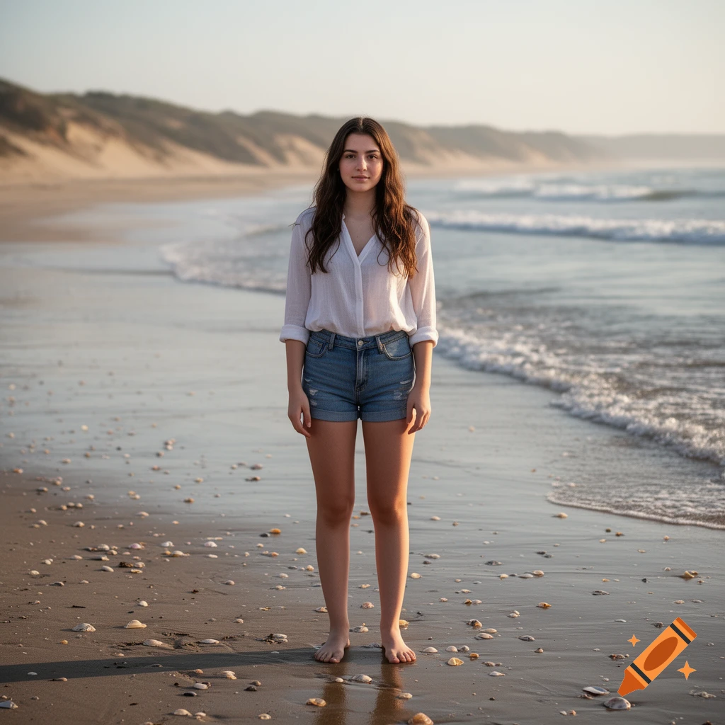 Photorealistic full-body portrait of a young woman standing on a sandy beach during sunset with gentle ocean waves in the background.