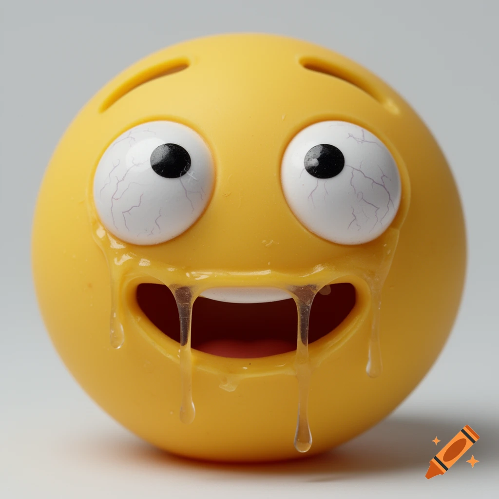 A photorealistic yellow emoji ball with bulging bloodshot eyes and slime dripping from its mouth.