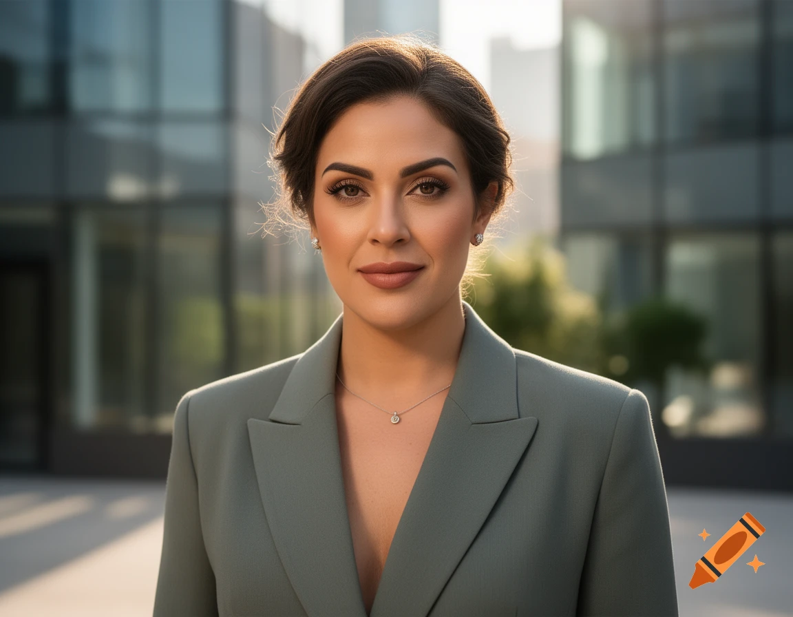 Photorealistic portrait of a woman with dark hair in an updo, wearing a muted green blazer and a delicate necklace, standing outdoors in front of a modern glass building.