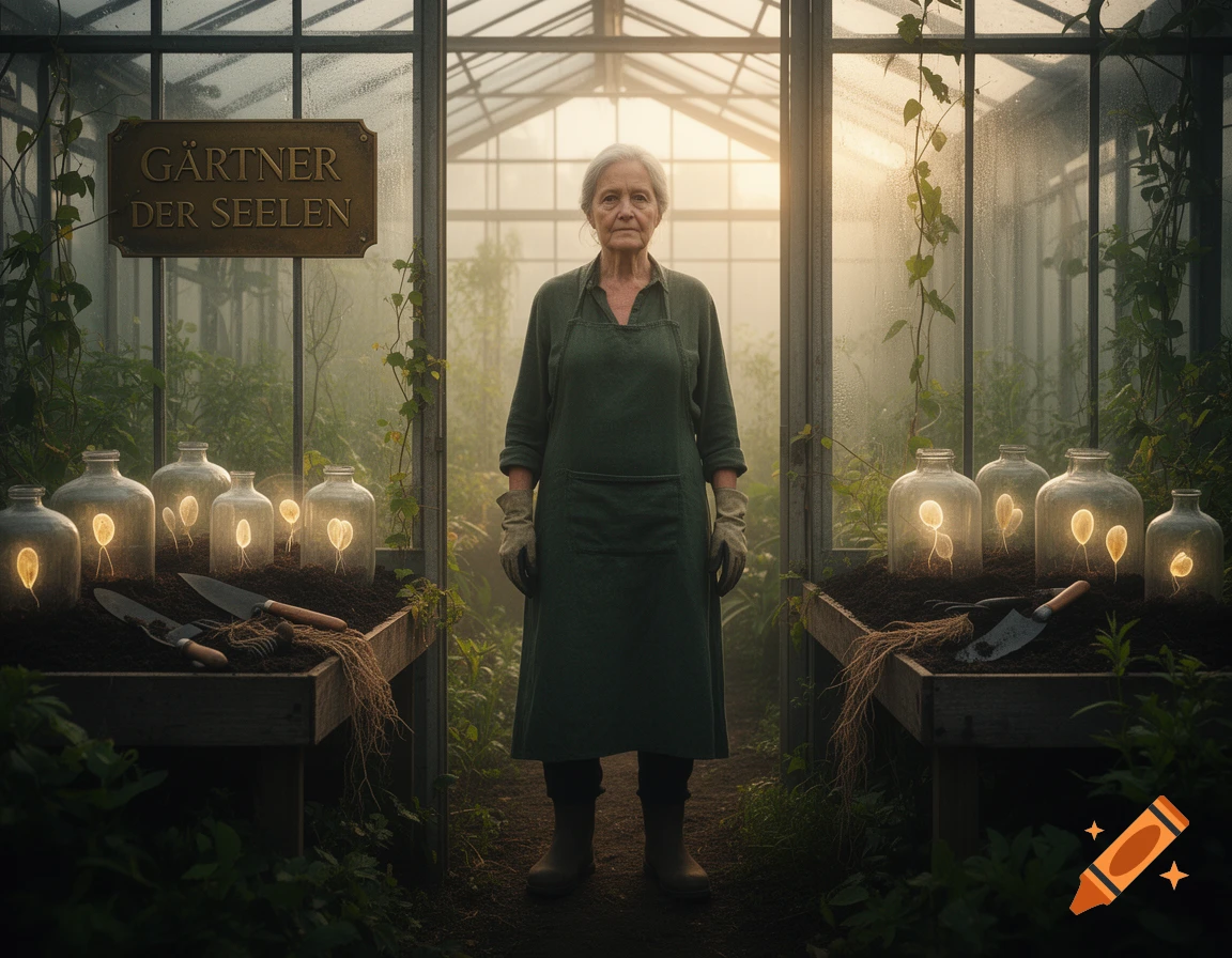 An elderly female gardener wearing a green apron stands centered inside a misty greenhouse filled with glowing glass jars, photorealistic.