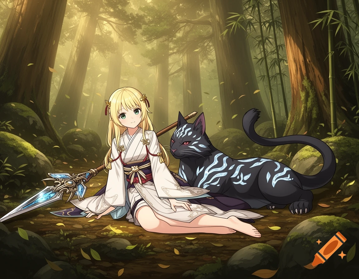 Anime style illustration of a blonde girl in medieval Japanese clothing sitting in a forest next to a large black cat with glowing markings.