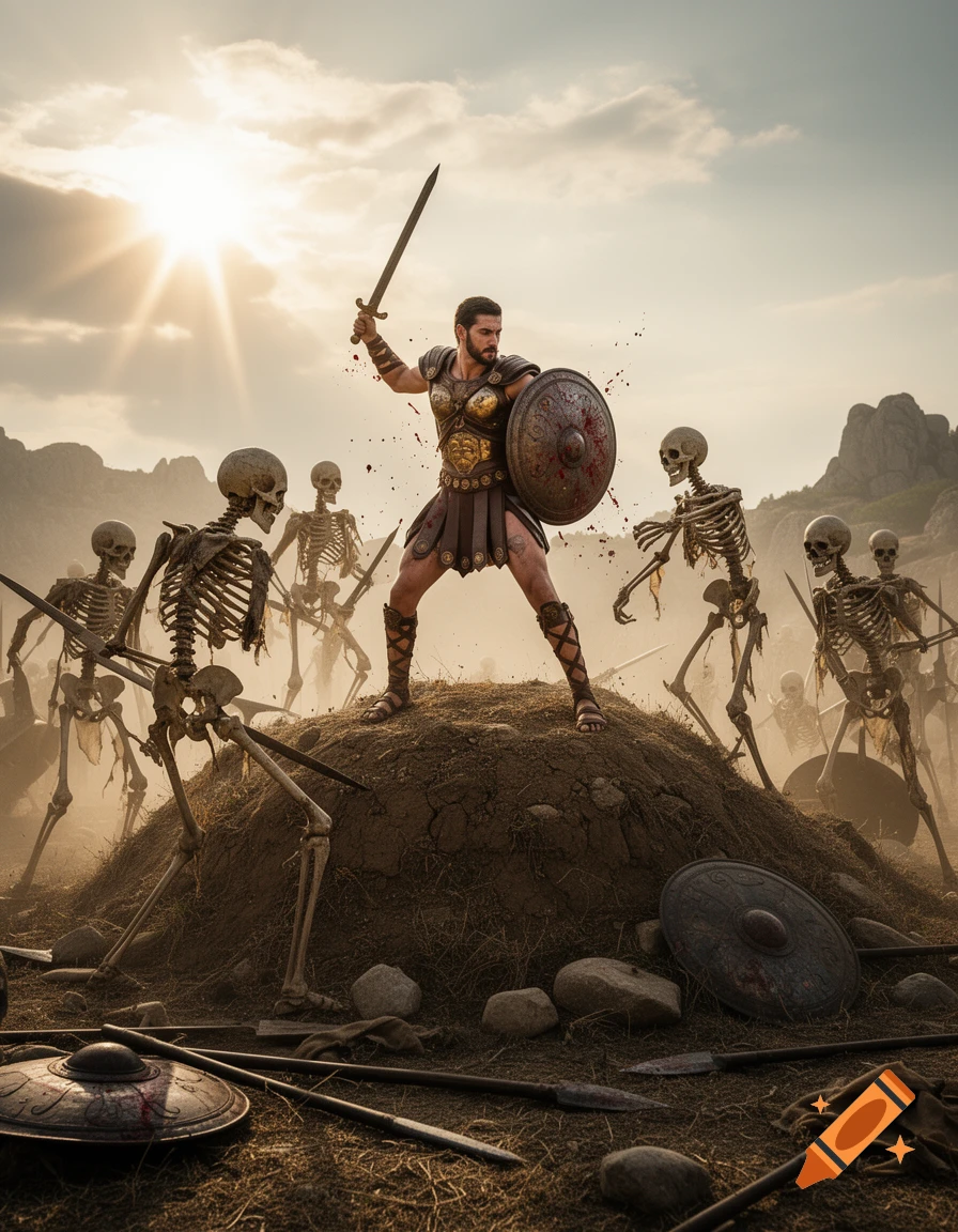 Photorealistic image of an ancient warrior standing triumphantly on a mound, battling skeletal warriors with a sword and shield.