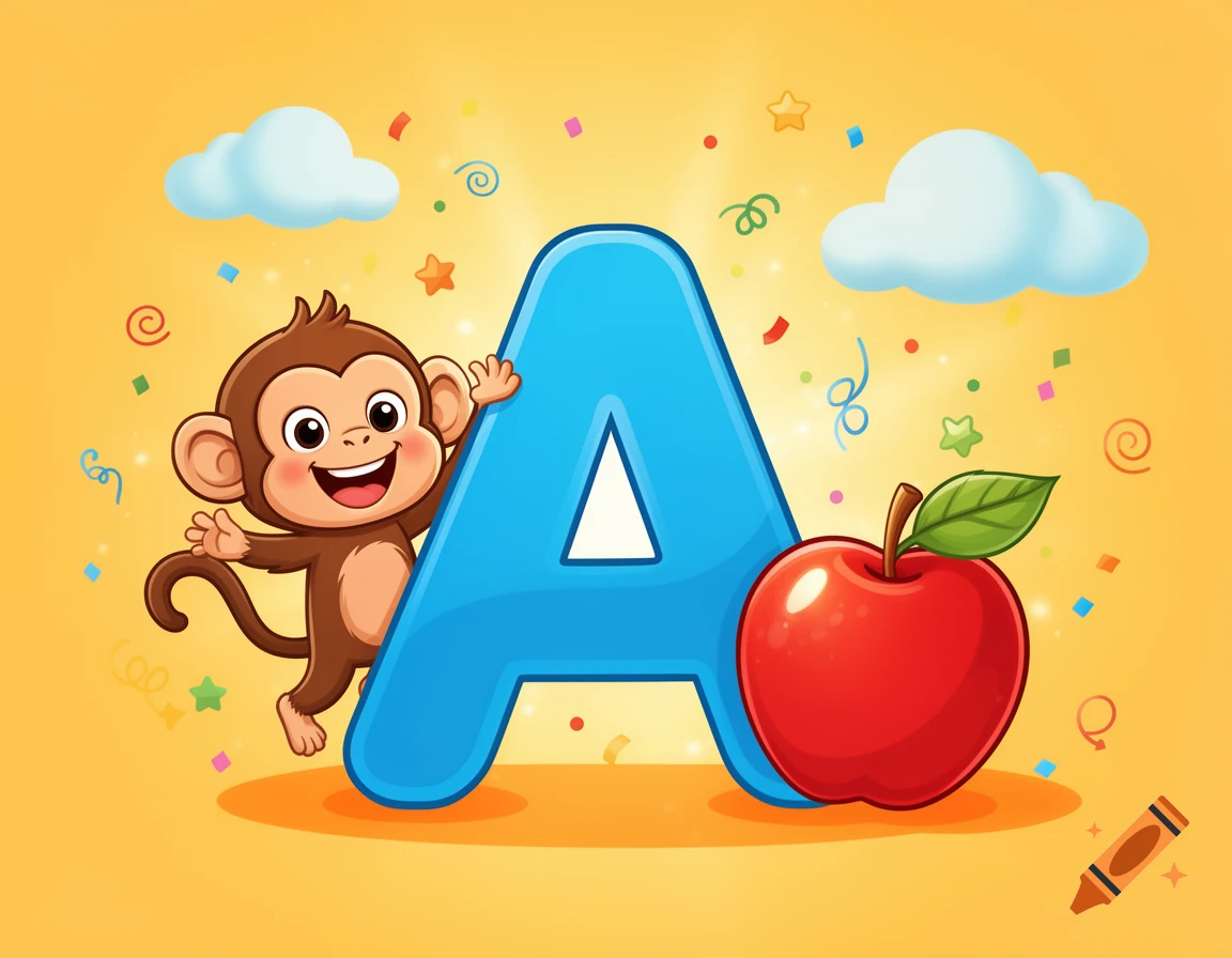 Colorful digital illustration of a happy monkey and a red apple next to a large blue letter A with confetti.