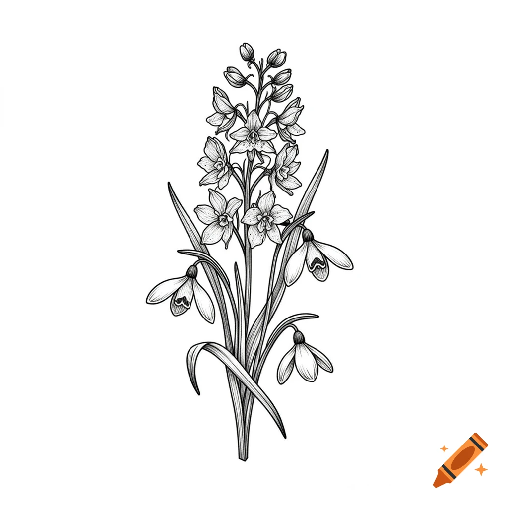 Black and white fine line tattoo design of larkspur and snowdrop flowers.