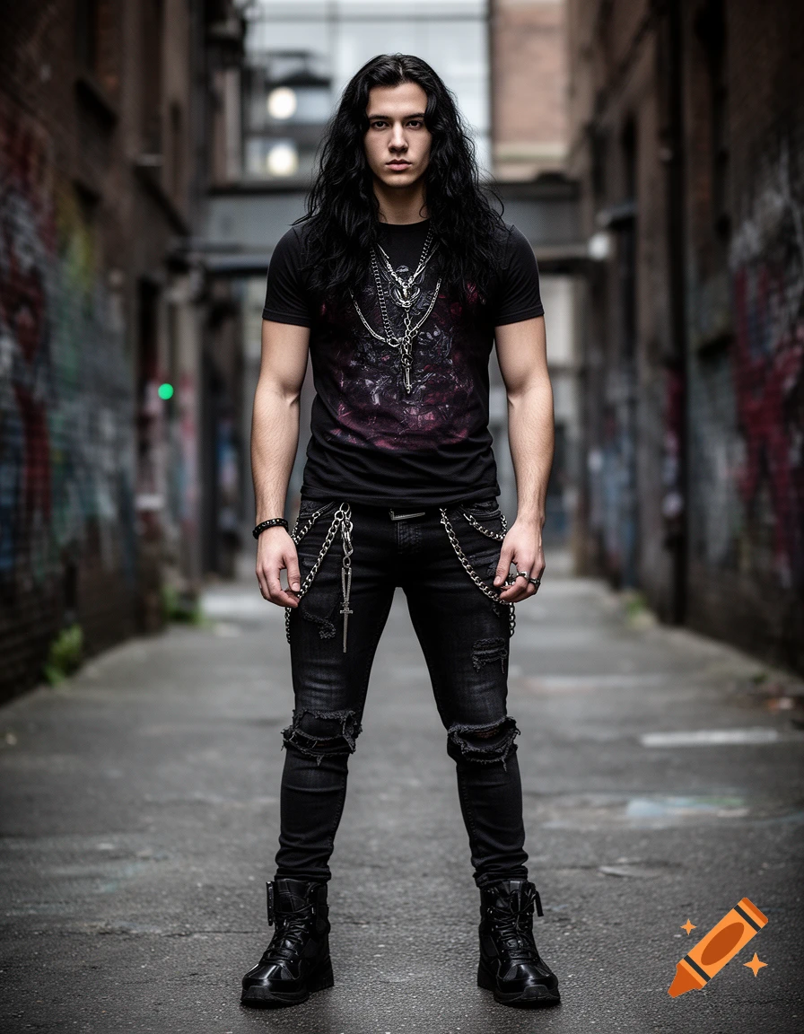 Photorealistic full-length portrait of a 25-year-old man with long black wavy hair, wearing gothic and rock-inspired clothing, standing in a narrow alley.