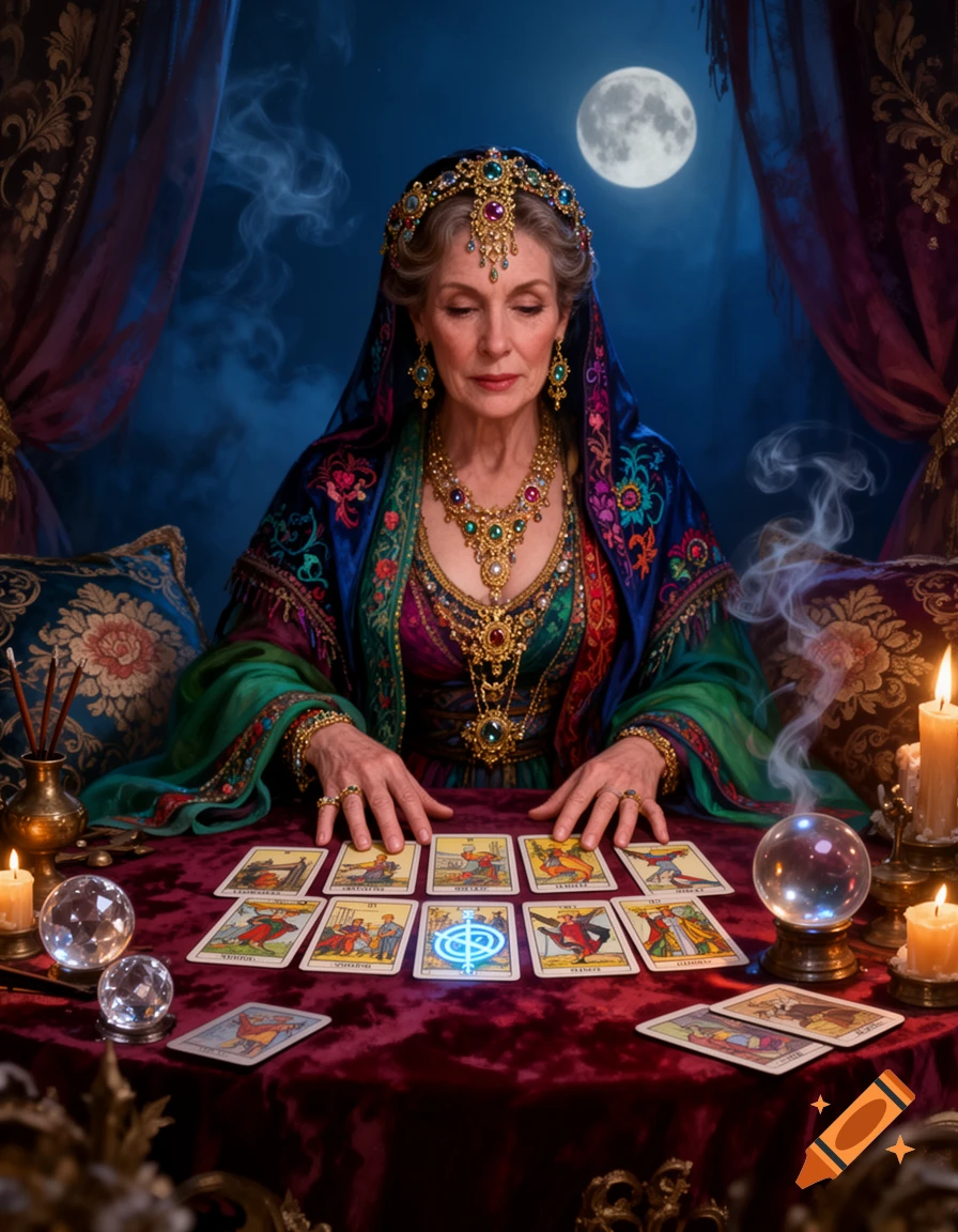 An older woman dressed as a fortune teller, sitting at a table with tarot cards, crystal balls, and candles.