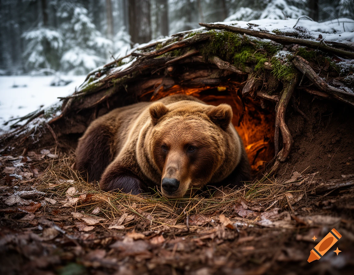 Photorealistic image of a brown bear resting in a snowy den made of roots and moss in a winter forest.