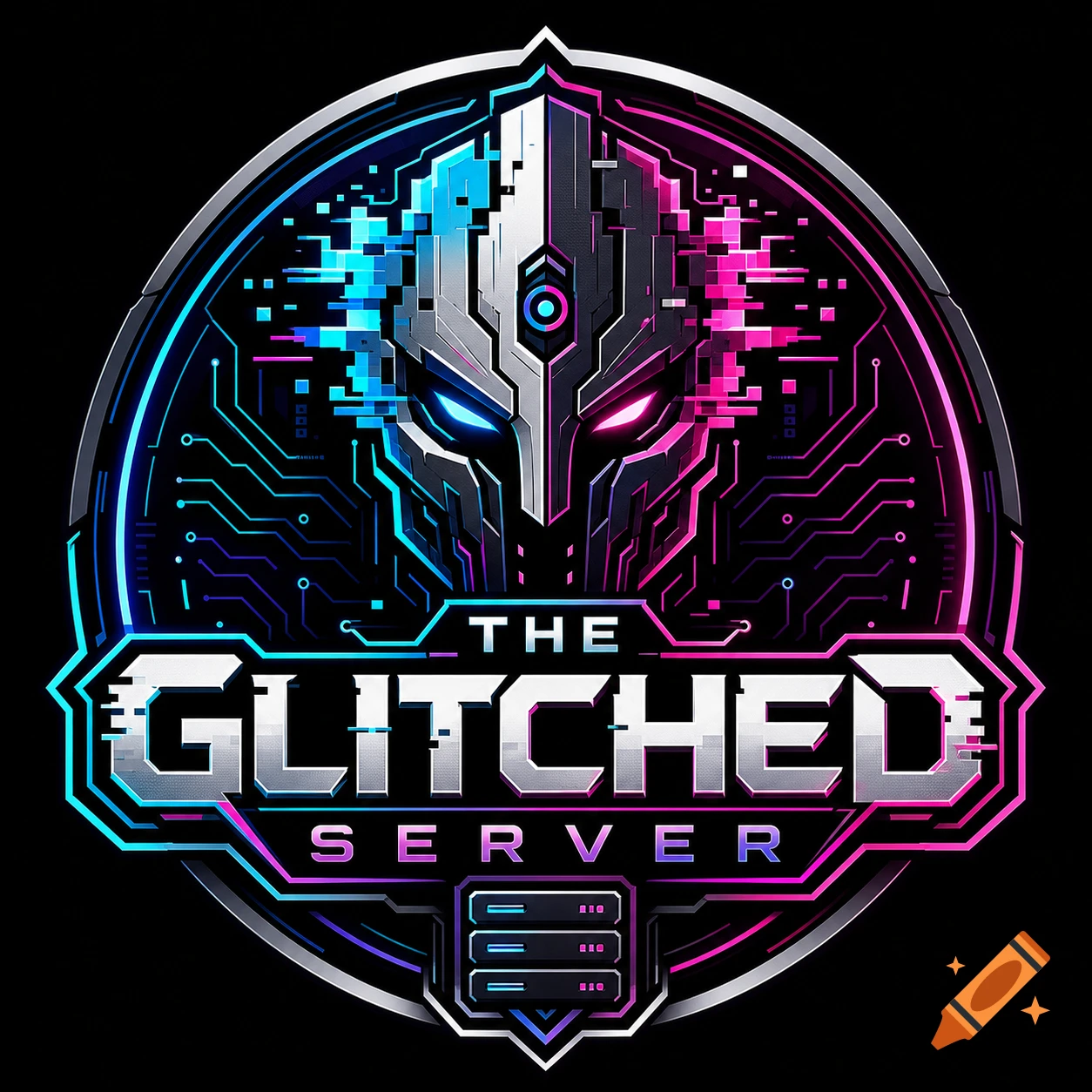 Digital logo for The Glitched Server featuring a futuristic robotic helmet and circuit board patterns in blue and pink neon.