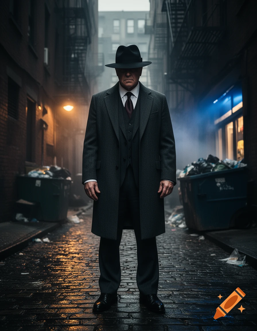 A photorealistic portrait of a mafia boss in a dark alleyway, wearing a fedora and dark coat.