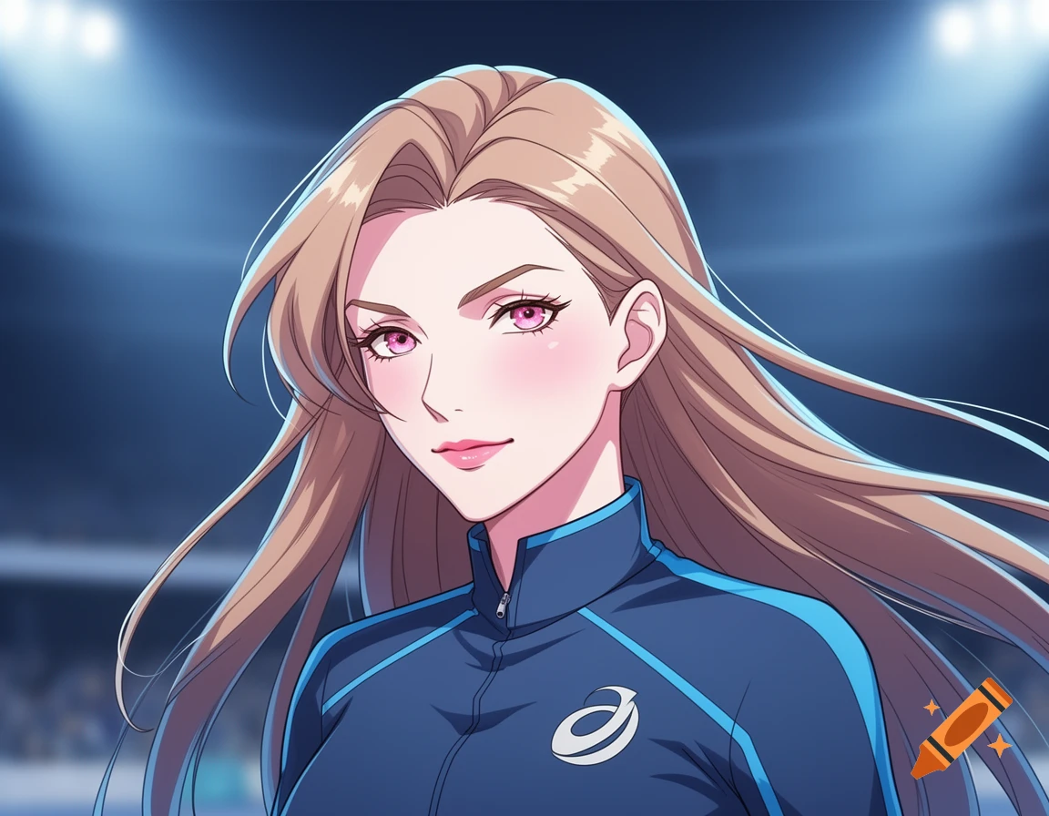 Anime style illustration of a young woman with long light brown hair, pale pink eyes, and a blue zip-up athletic jacket against a stadium background.