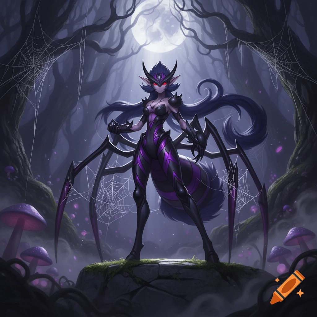 Digital illustration of a purple and black spider-like drider creature standing on a mossy rock in a dark, misty forest with glowing mushrooms.
