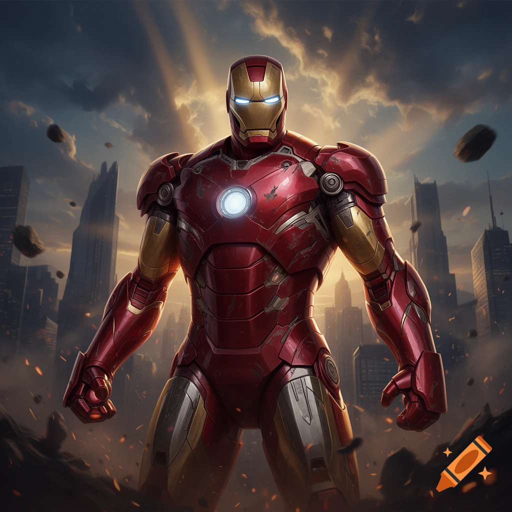 Iron Man in a red and gold suit standing amidst destroyed city ruins under a dramatic cloudy sky.