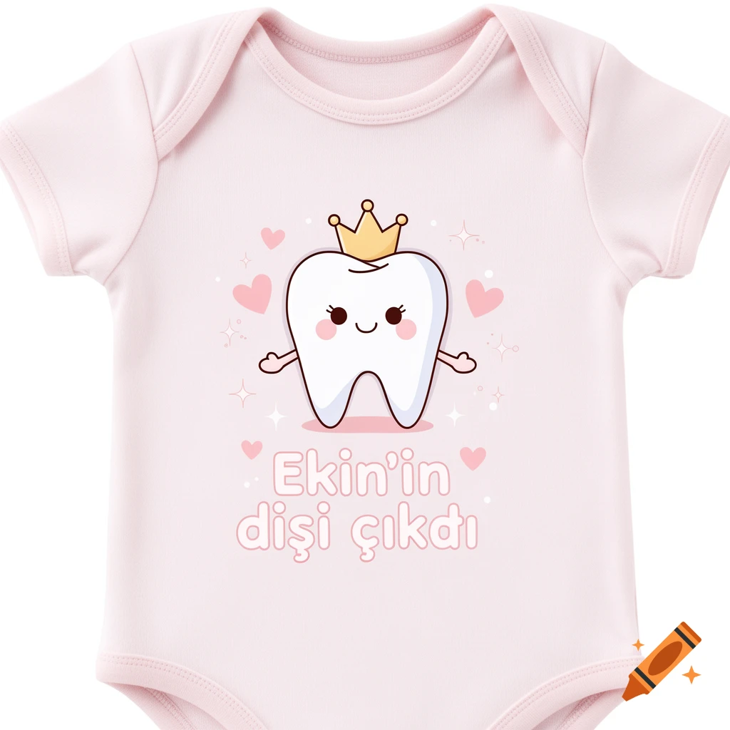 Pink baby bodysuit with a cute cartoon tooth wearing a crown and the Turkish text Ekin'in dişi çıktı
