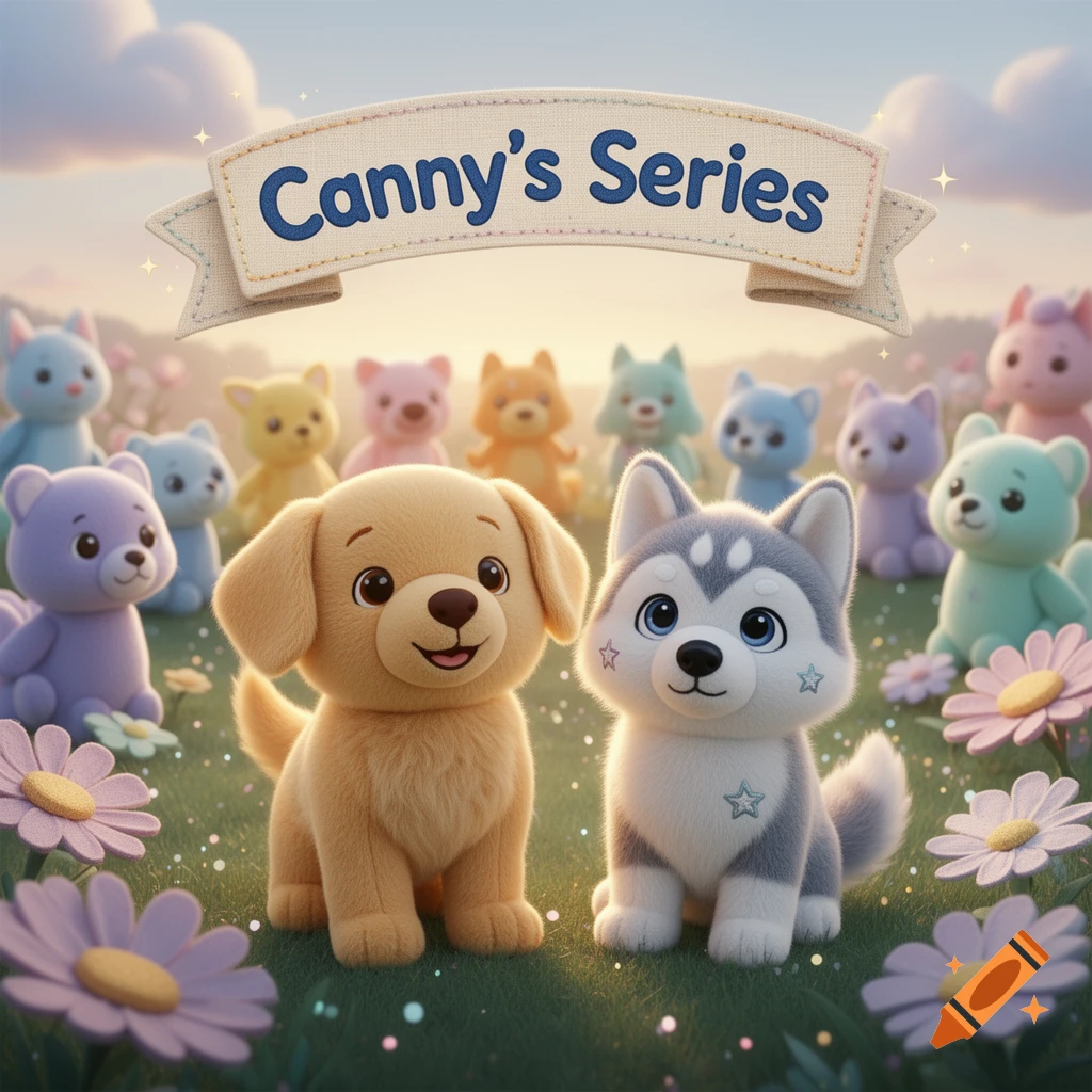 3D render of a plush golden retriever and a husky sitting in a field of flowers, with a banner reading 'Canny's Series' and other plush animals in the background.