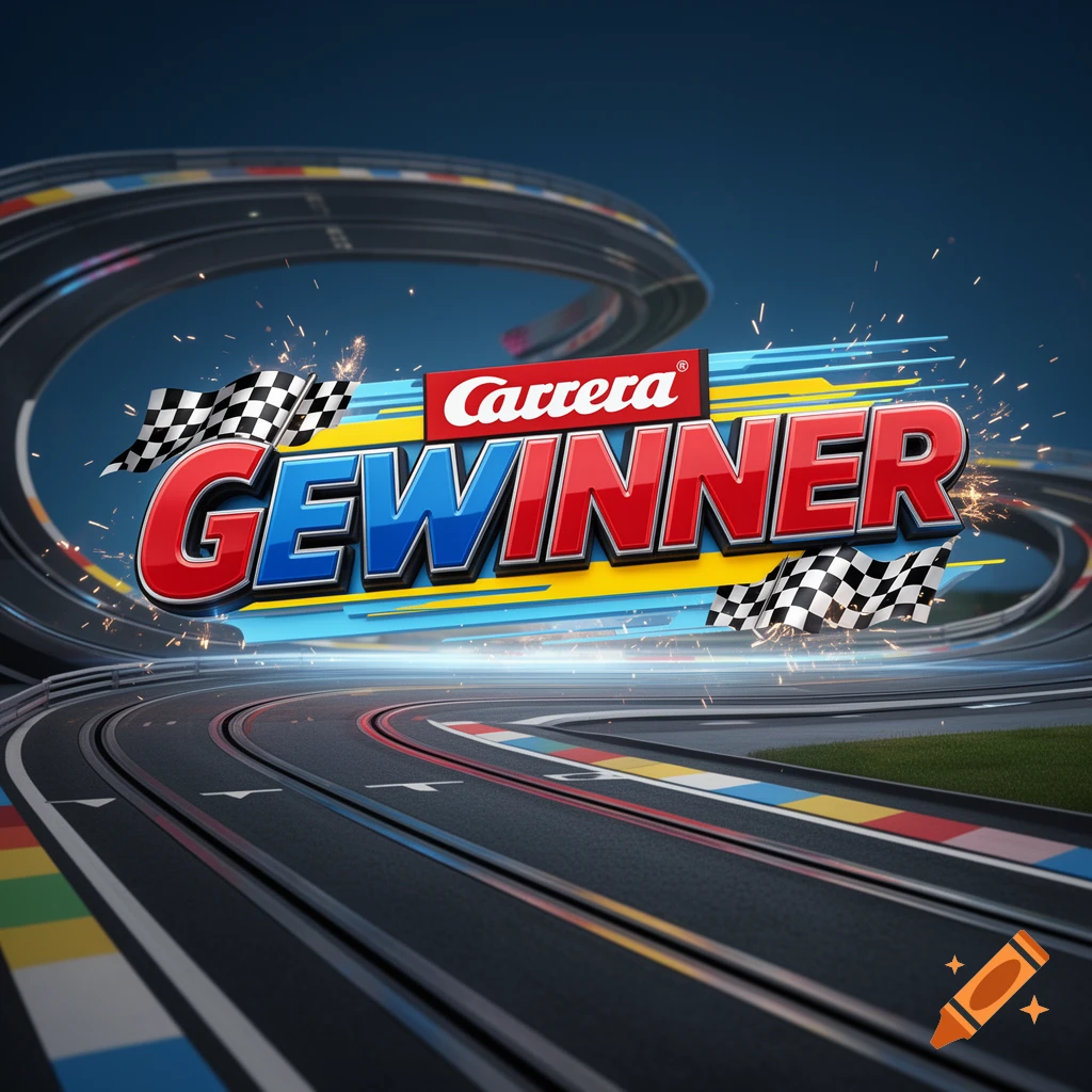 3D logo with the word 'GEWINNER' and 'Carrera' branding, set against a slot car racing track background with sparks.